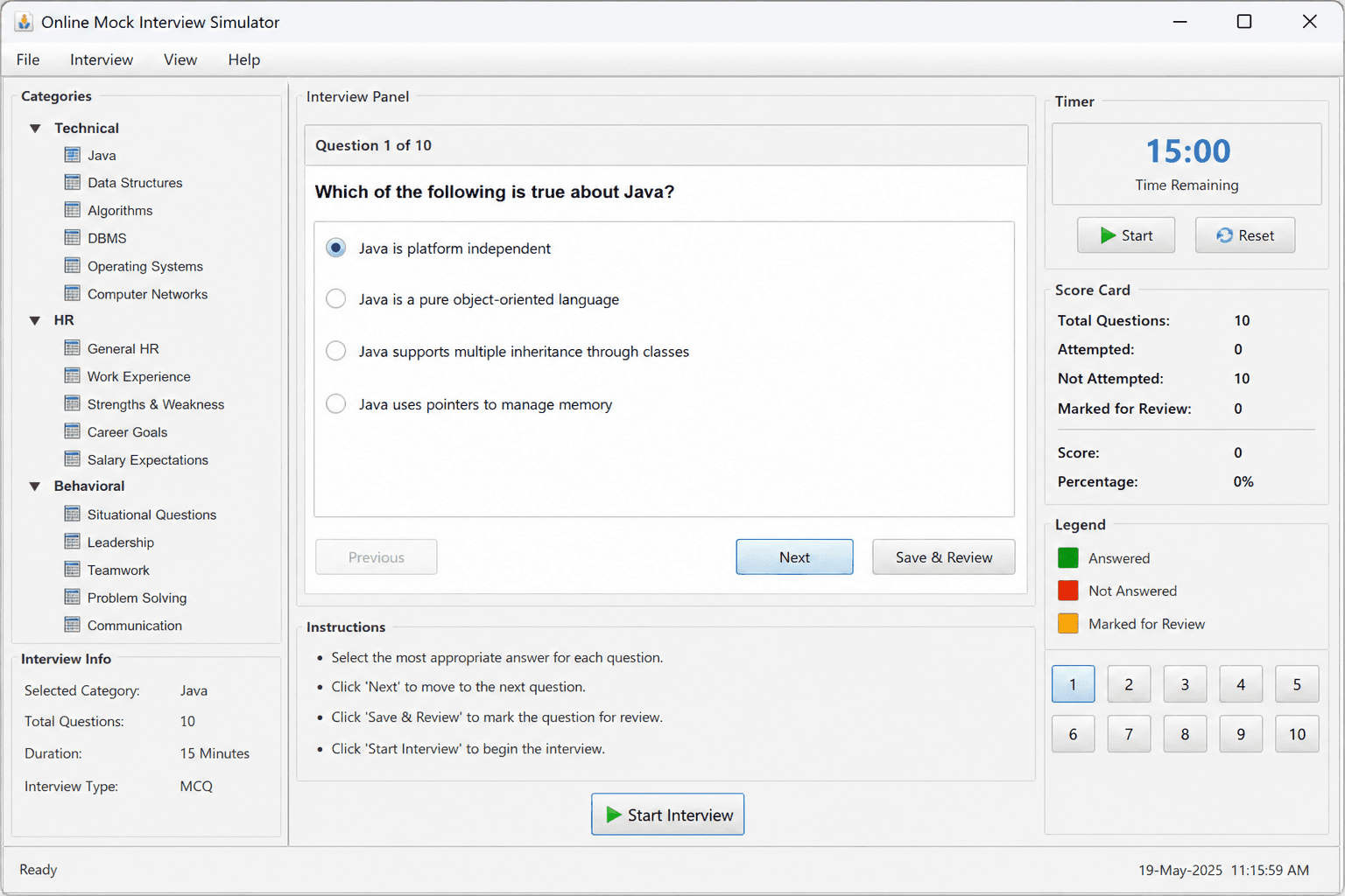 Online Mock Interview Simulator product screen